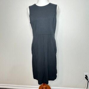LANDS END Shift Sleeveless Midi Dress 12P Petite Black Pockets Ponte Knit Office